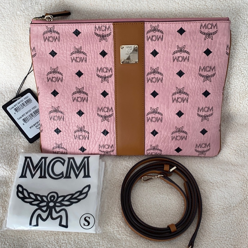 MCM Medium Visetos Crossbody Pouch,NWT, Soft Pink, Signature Logo Print